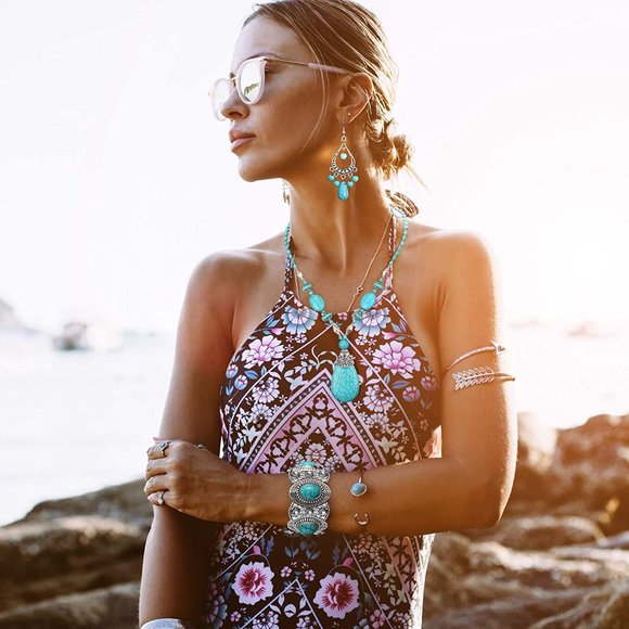 New 3 Pieces Bohemian Turquoise Jewelry Set Women Western Jewelry Set Turquoise - Picture 5 of 9